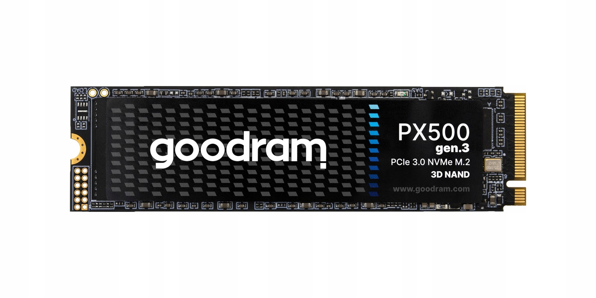Black Goodram PX500 gen.3 PCIe 3.0 NVMe M.2 3D NAND SSD on a white background.