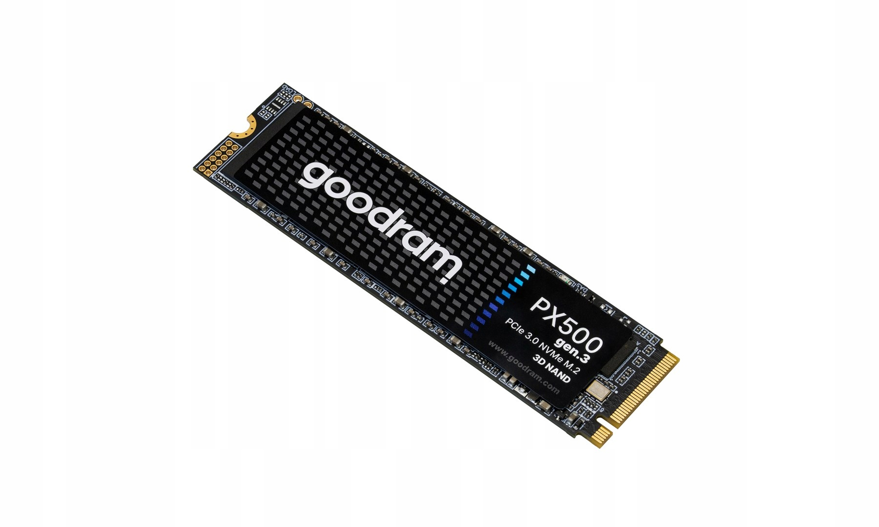 A black Goodram PX500 NVMe M.2 SSD with white logo and text on a white background.