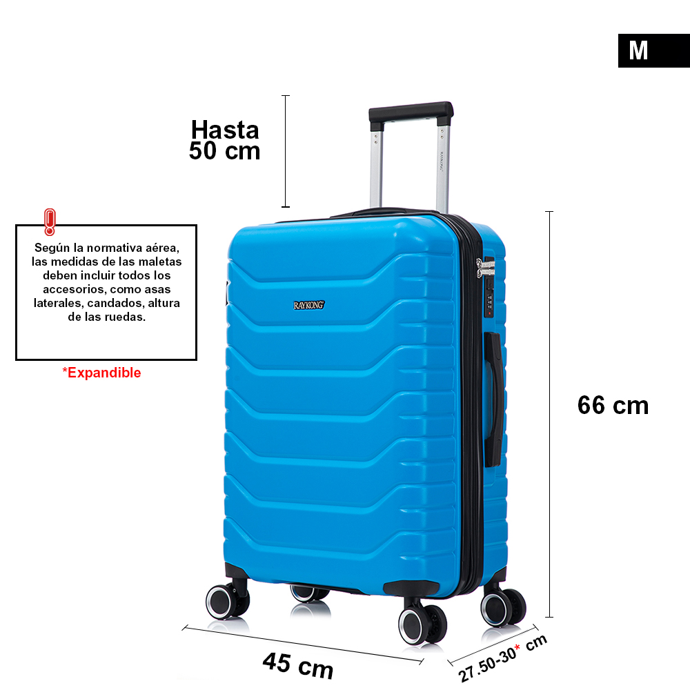 Maleta rígida azul claro de 66x45x27.5-30 cm, con ruedas y asa, sobre fondo blanco.