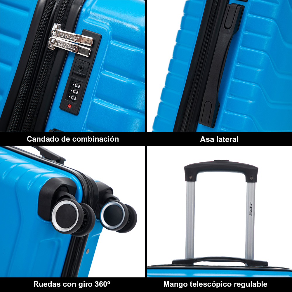 Cuatro imágenes muestran detalles de una maleta azul: cerradura de combinación, asa lateral, ruedas y mango telescópico.