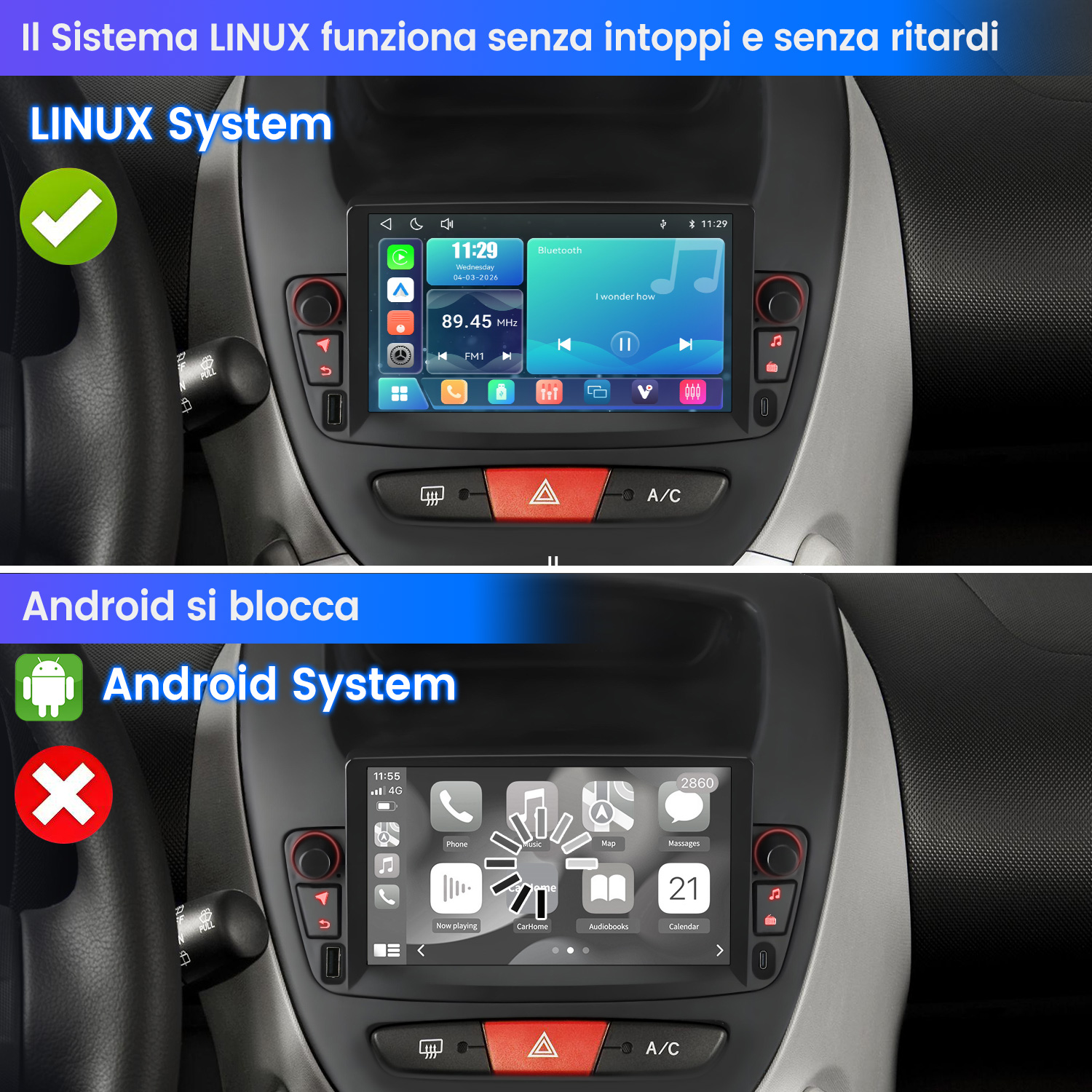 Comparación de dos pantallas de coche: un sistema Linux fluido arriba y un sistema Android congelado abajo.