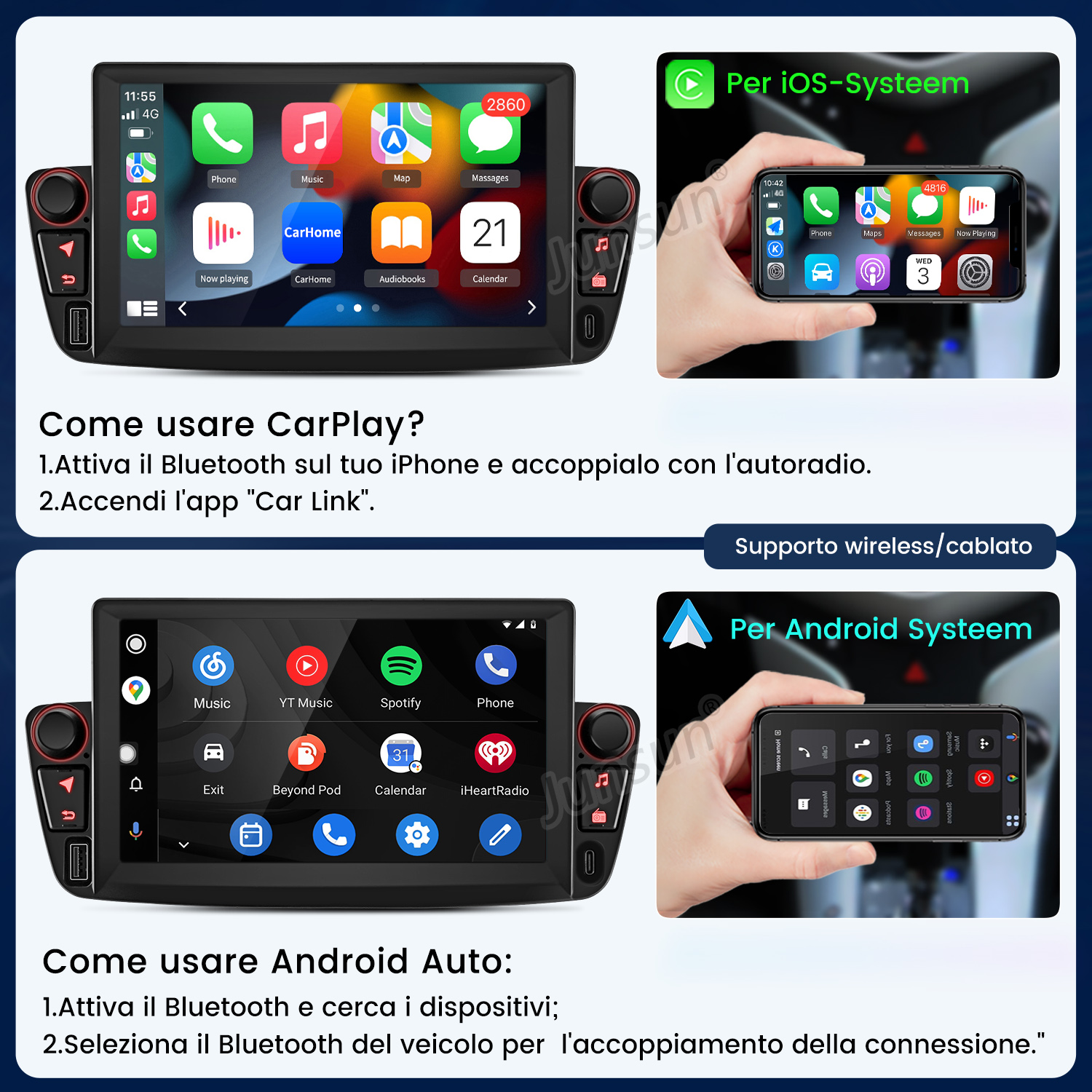 Instrucciones para usar CarPlay y Android Auto en la pantalla de la radio del auto.