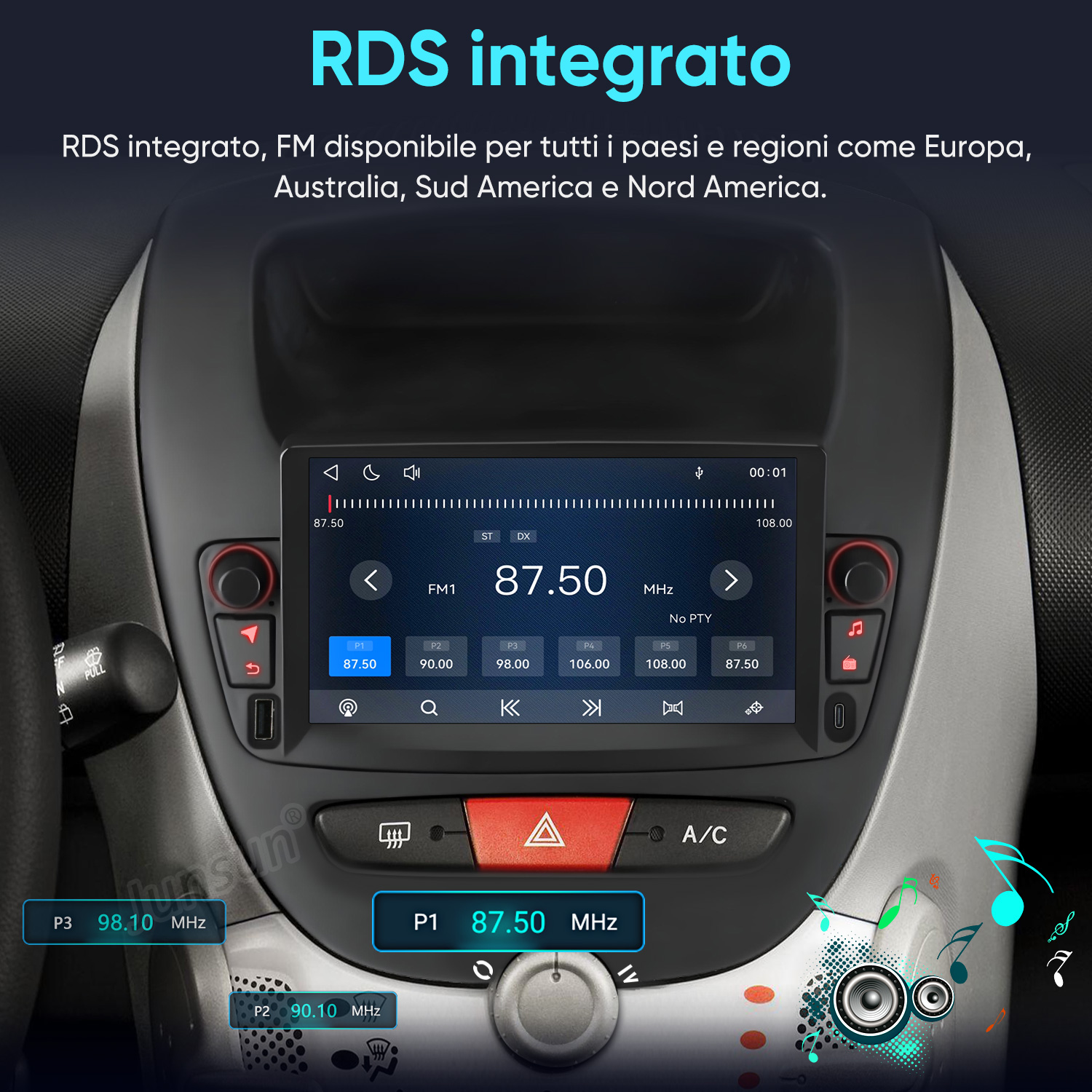 Un salpicadero de coche con una pantalla de radio RDS digital y botones.
