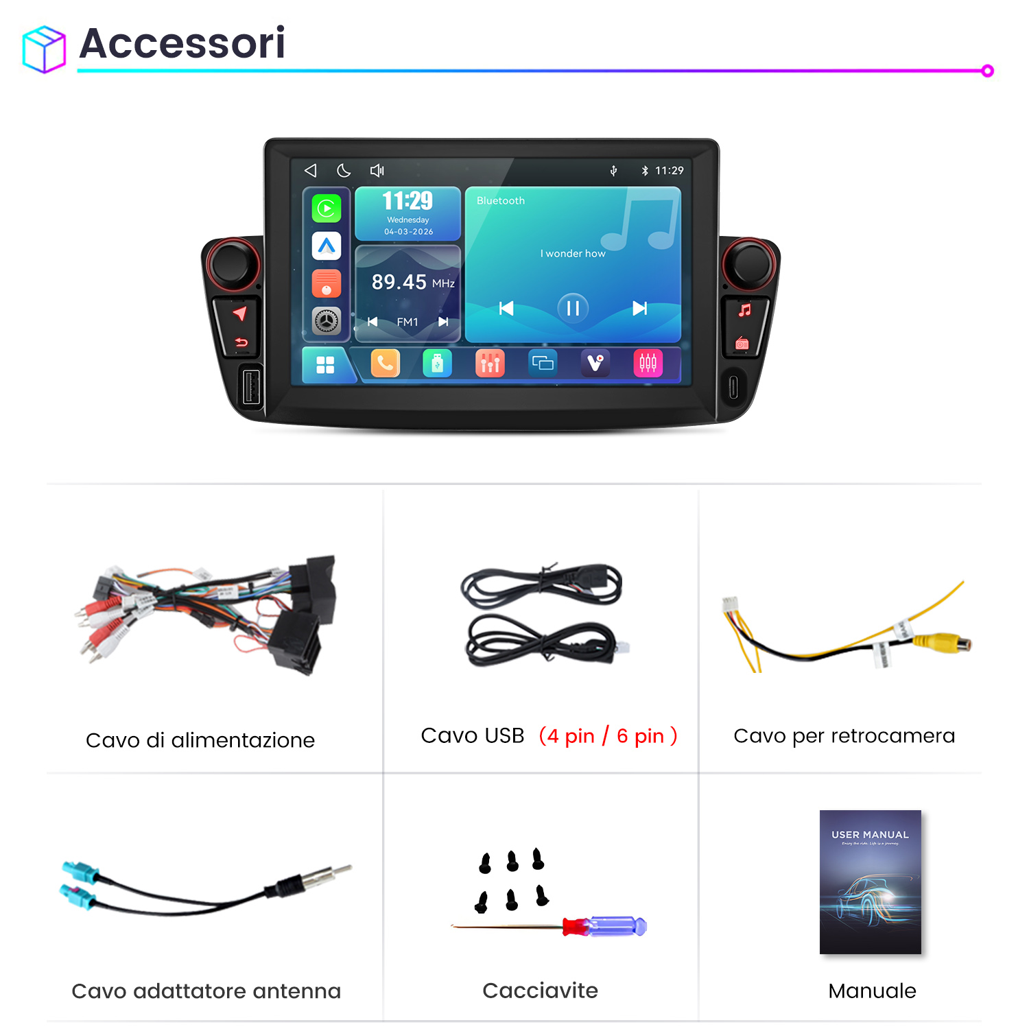 Sistema estéreo para automóvil con pantalla táctil y varios cables incluidos, adaptador, destornillador y manual.