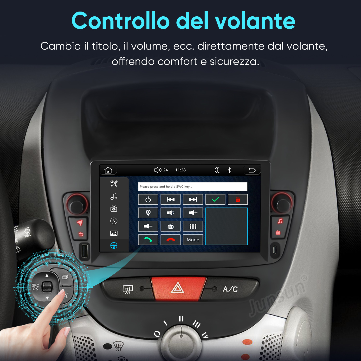 Una pantalla de infoentretenimiento de coche muestra opciones mientras una mano toca los controles.