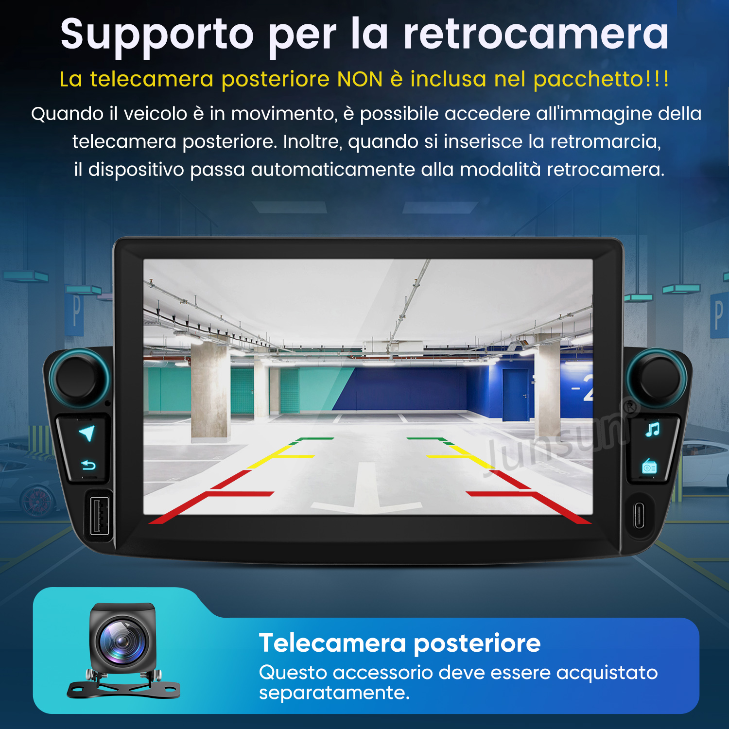 Pantalla de coche muestra vista de cámara trasera con líneas en garaje.