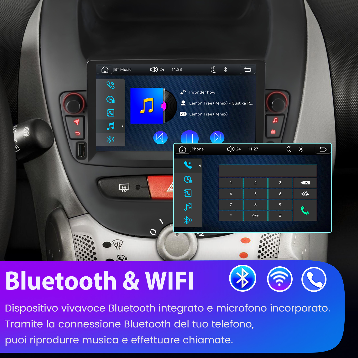 Pantalla táctil de autorradio en salpicadero con iconos de Bluetooth y Wi-Fi, y texto en italiano.