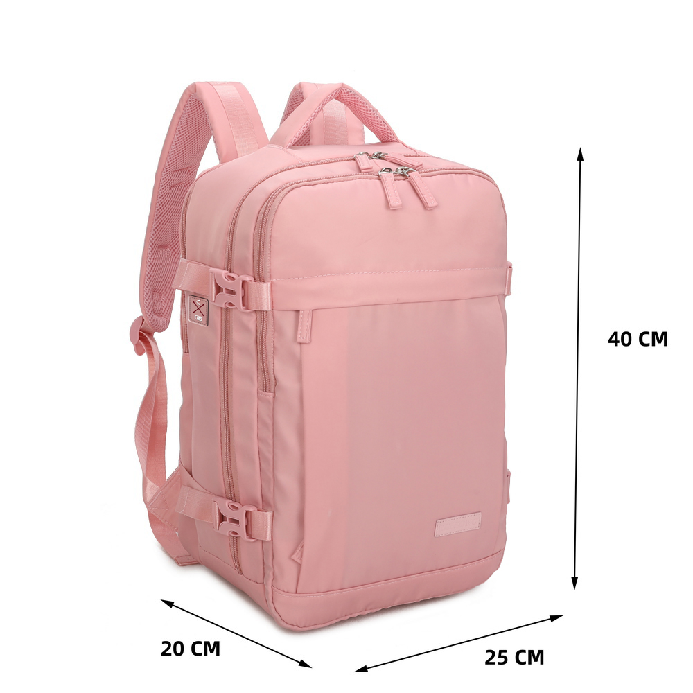 Una mochila de viaje rosa con líneas de dimensión que muestran 40 cm de alto, 25 cm de ancho y 20 cm de profundidad.