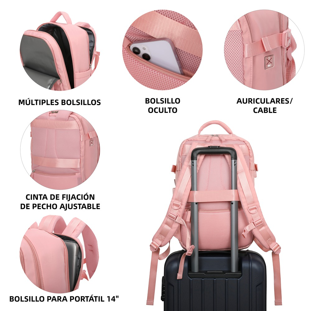 Mochila rosa con múltiples bolsillos, bolsillo oculto, salida de auriculares, compartimento para portátil y cinta.