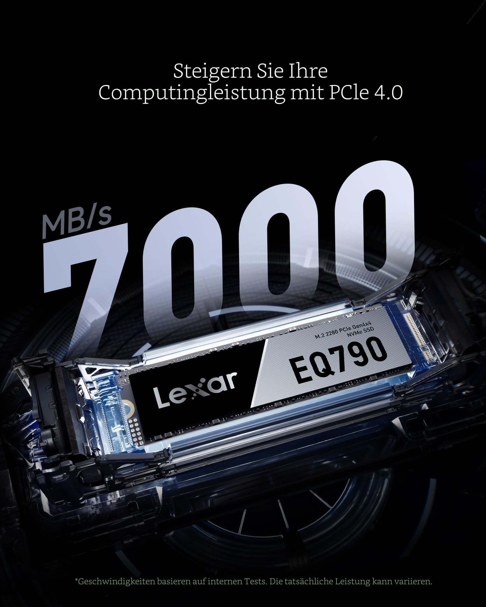 SSD M.2 Lexar EQ790 con velocità di 7000 MB/s su sfondo scuro.