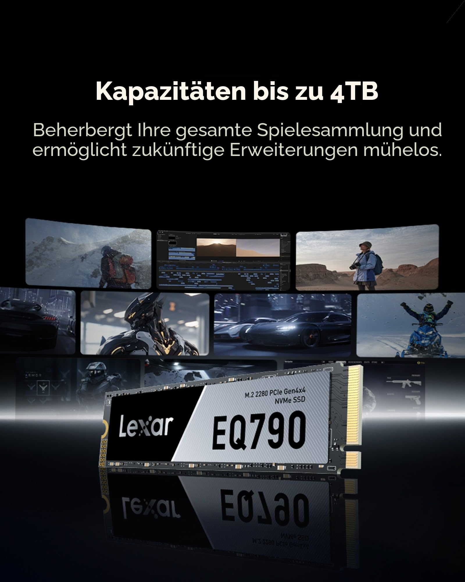 Immagine promozionale per SSD NVMe Lexar EQ790 da 4TB, circondata da scene di gioco.