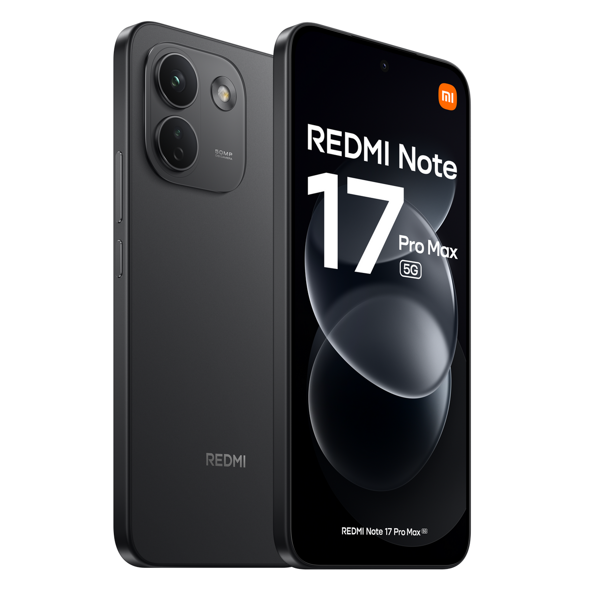 Zwei schwarze Smartphones stehen vor schwarzem Hintergrund. Das Display zeigt Redmi Note 17 Pro Max 5G.