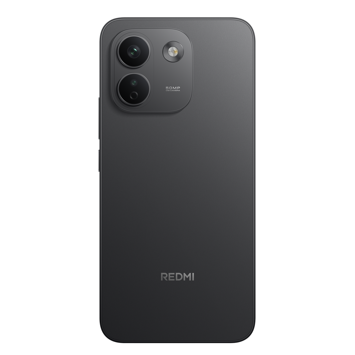 Rückseite eines dunkelgrauen Redmi-Smartphones mit Dual-Kamera und Blitz vor schwarzem Hintergrund.