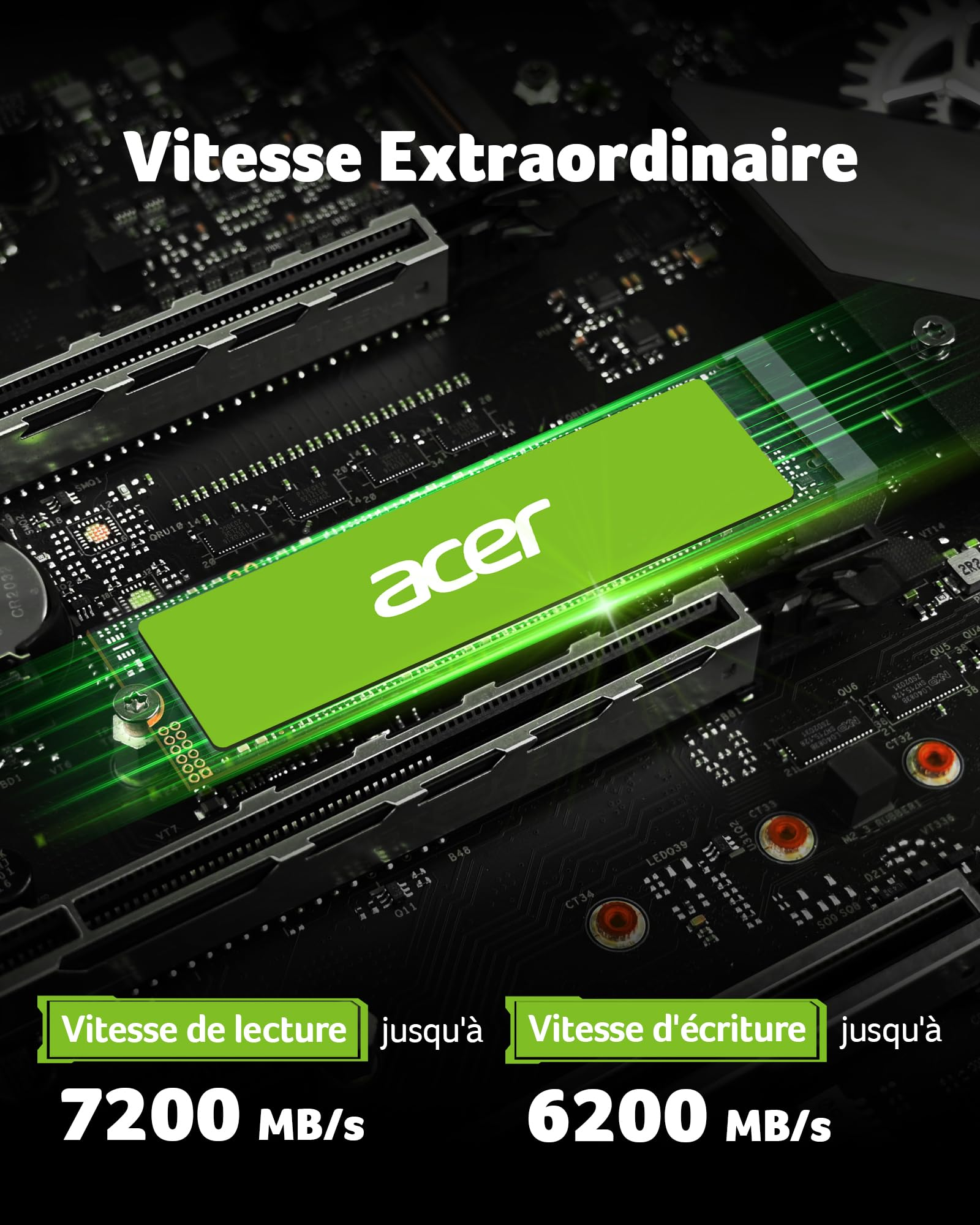 Scheda SSD Acer su scheda madre, con testo sulle velocità di lettura e scrittura.