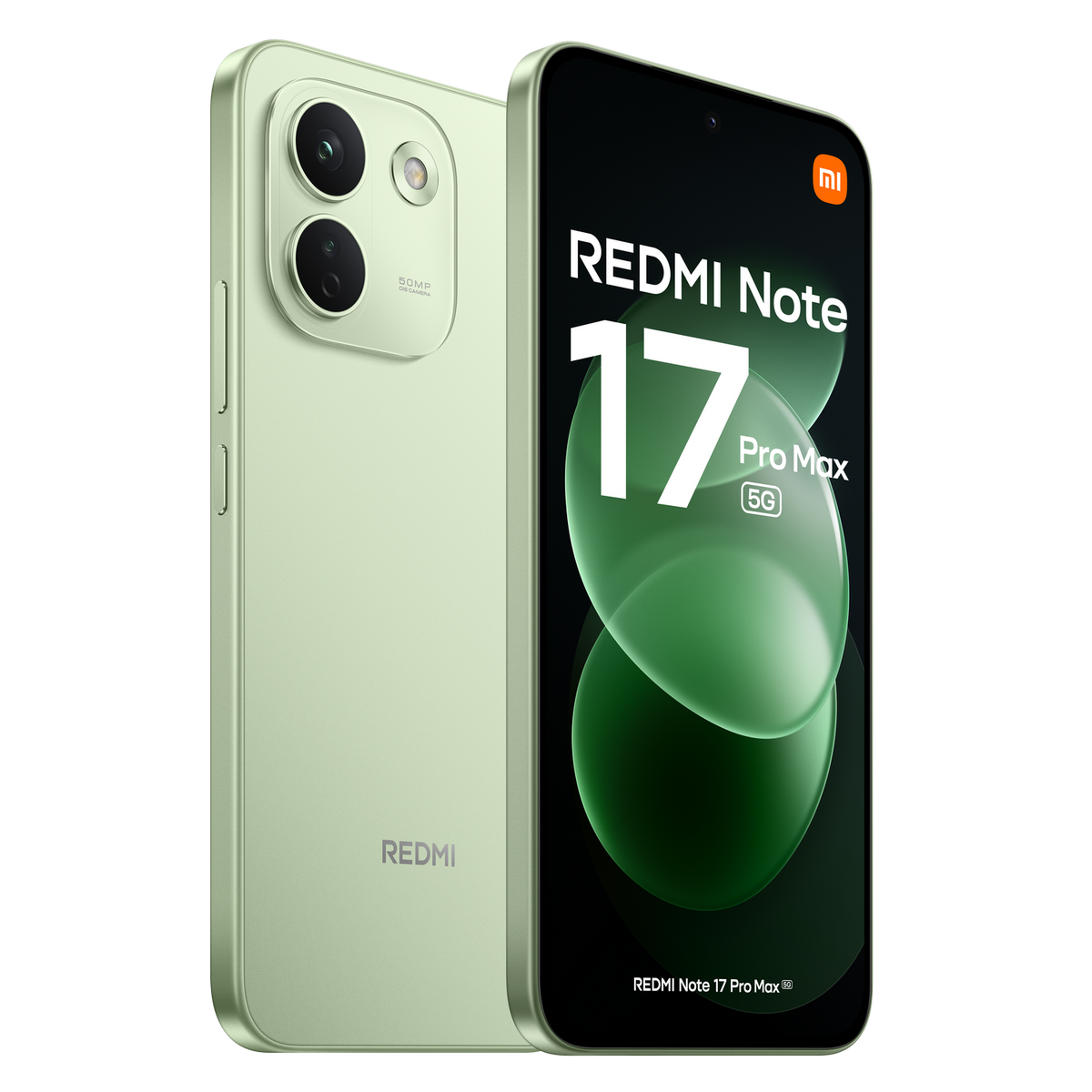 Hellgrünes Redmi Note 17 Pro Max Smartphone vor schwarzem Hintergrund.