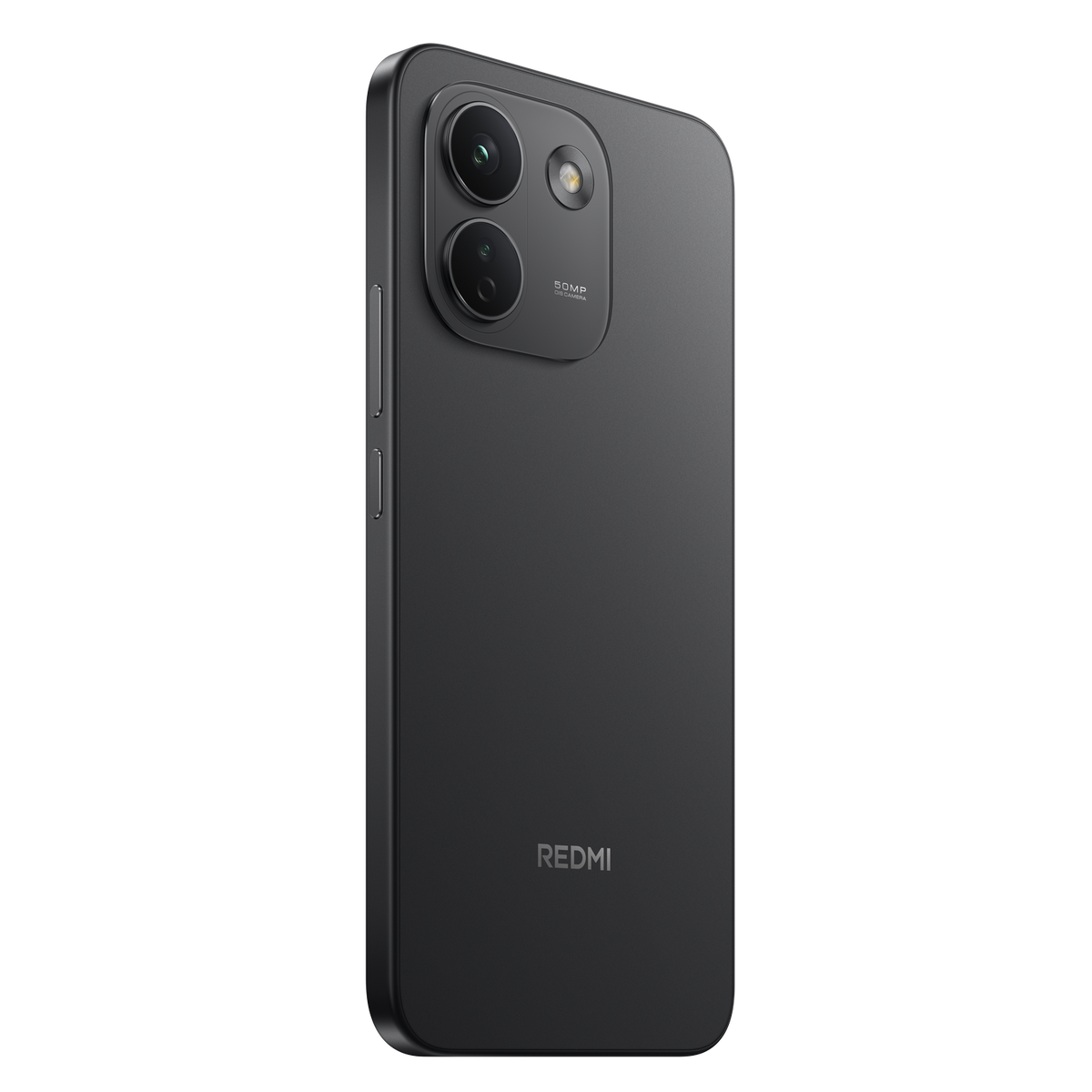 Rückseite eines schwarzen Redmi-Smartphones mit vertikaler Dual-Kamera und LED-Blitz auf schwarzem Hintergrund.