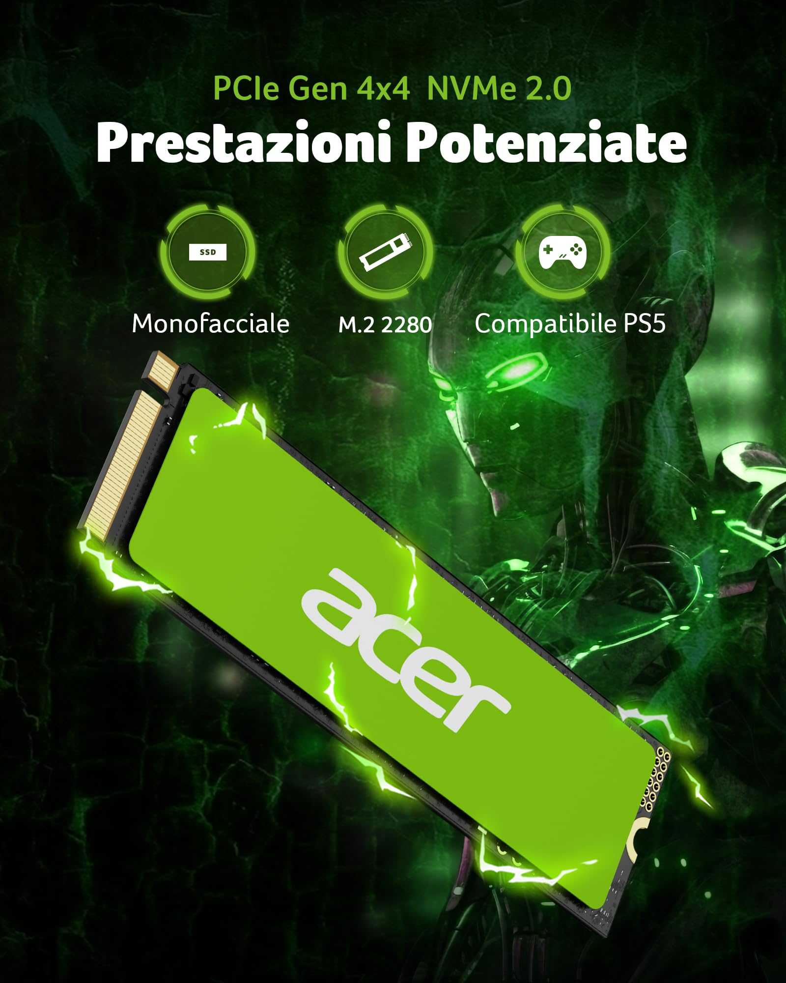 SSD Acer con illuminazione verde su sfondo futuristico.