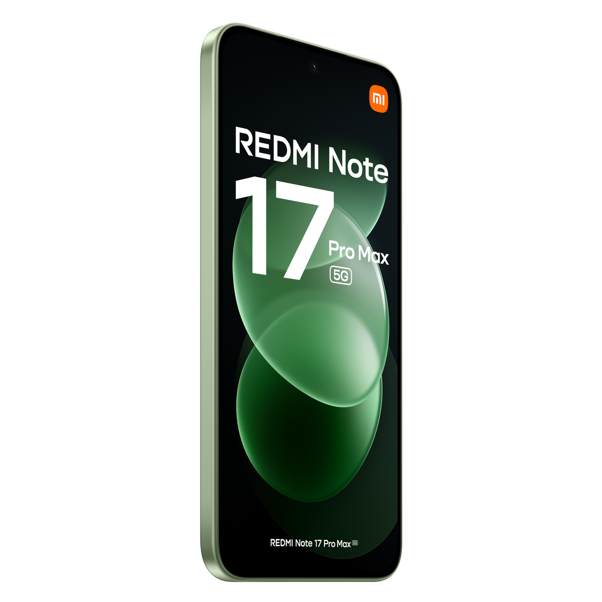 Ein grünes Redmi Note 17 Pro Max Smartphone auf schwarzem Hintergrund mit grünem Display.