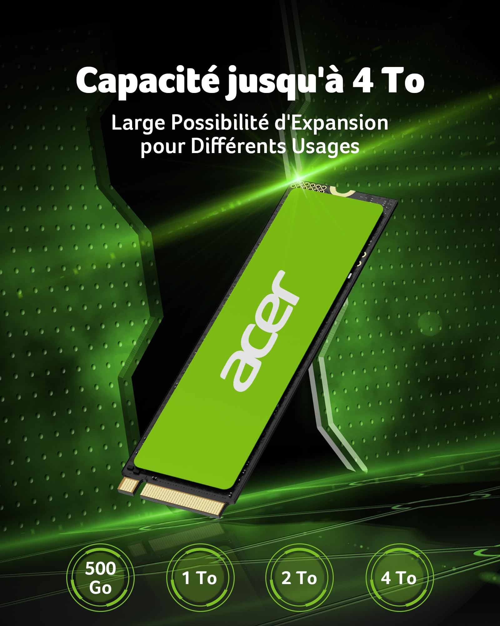 Un SSD M.2 Acer è mostrato verticalmente su uno sfondo digitale verde scuro con testo in francese.