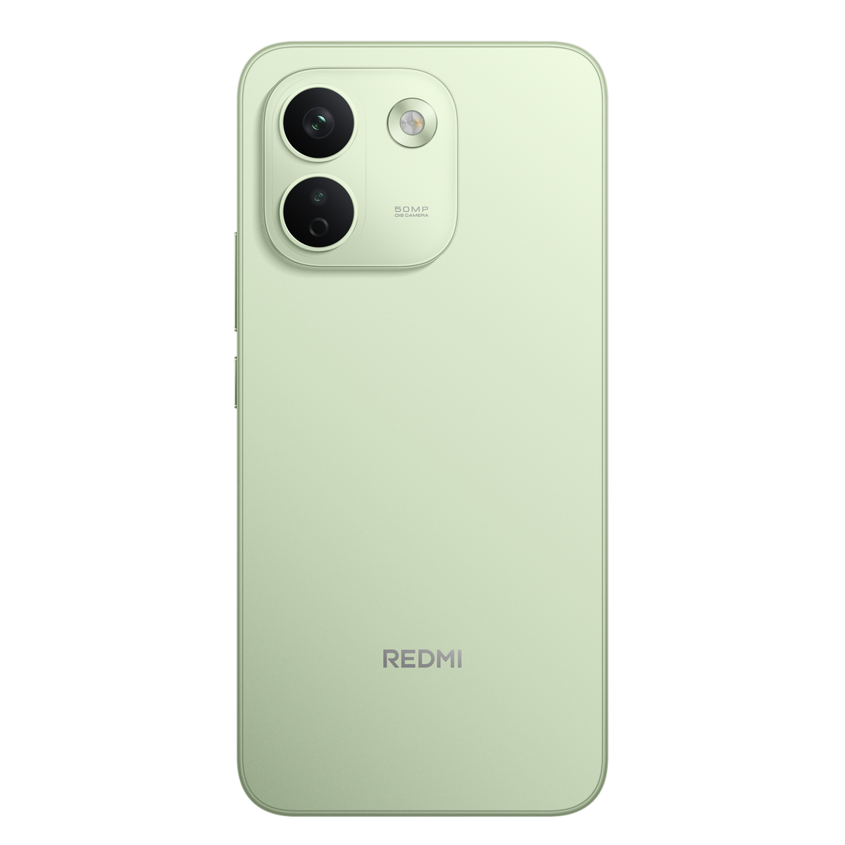 Rückseite eines hellgrünen Redmi-Smartphones mit zwei vertikalen Kameras im quadratischen Modul oben links.