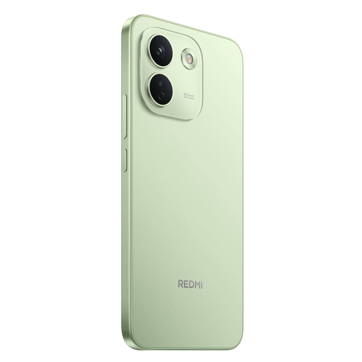 Rückseite eines hellgrünen Redmi-Smartphones mit zwei Kameraobjektiven und dem Redmi-Logo auf schwarzem Hintergrund.