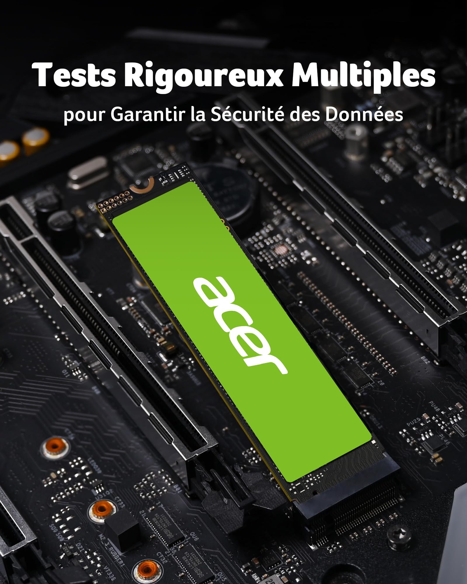 Unità SSD Acer verde su scheda madre scura con testo in francese.