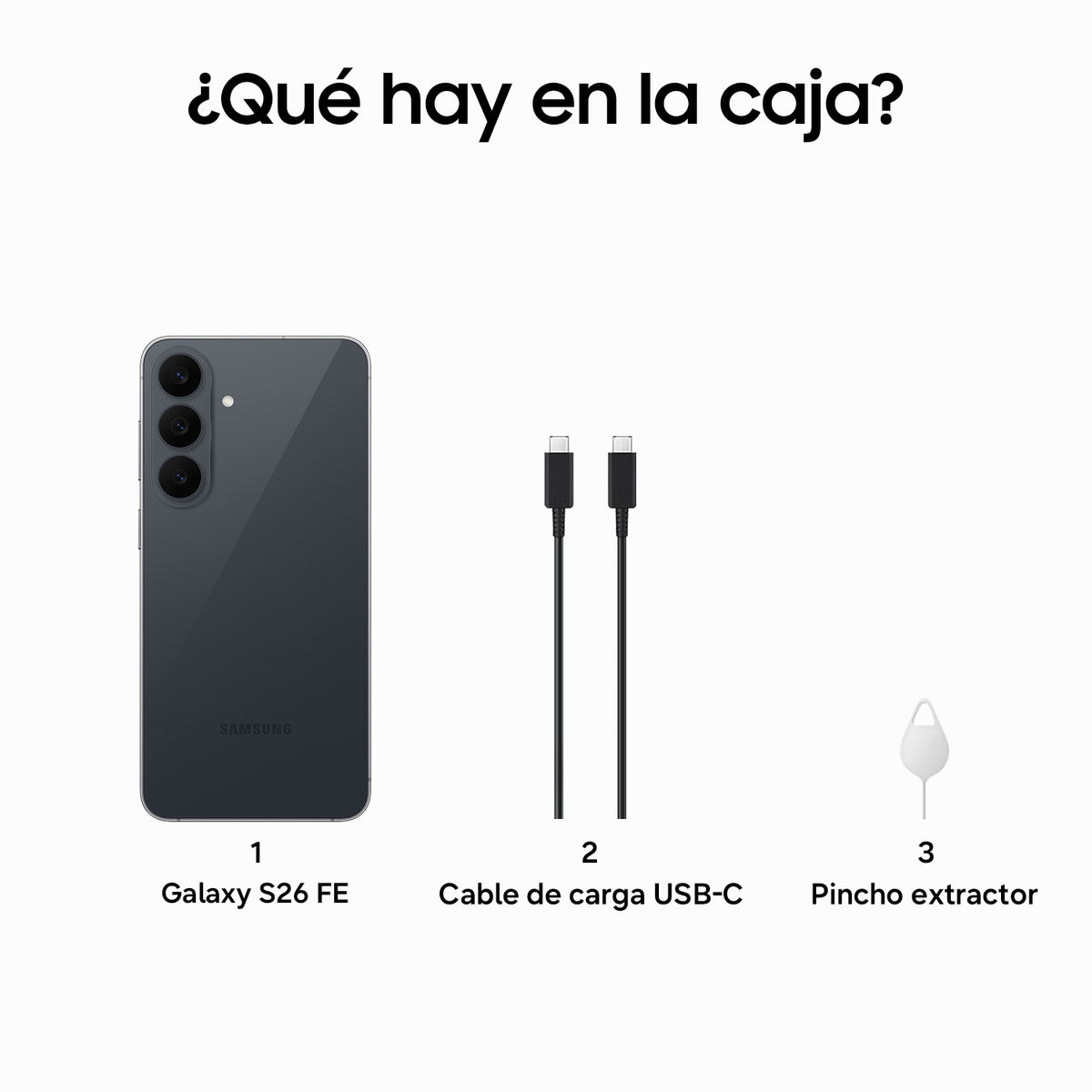 Smartphone, cavo di ricarica USB-C e spilletta di espulsione su sfondo bianco.