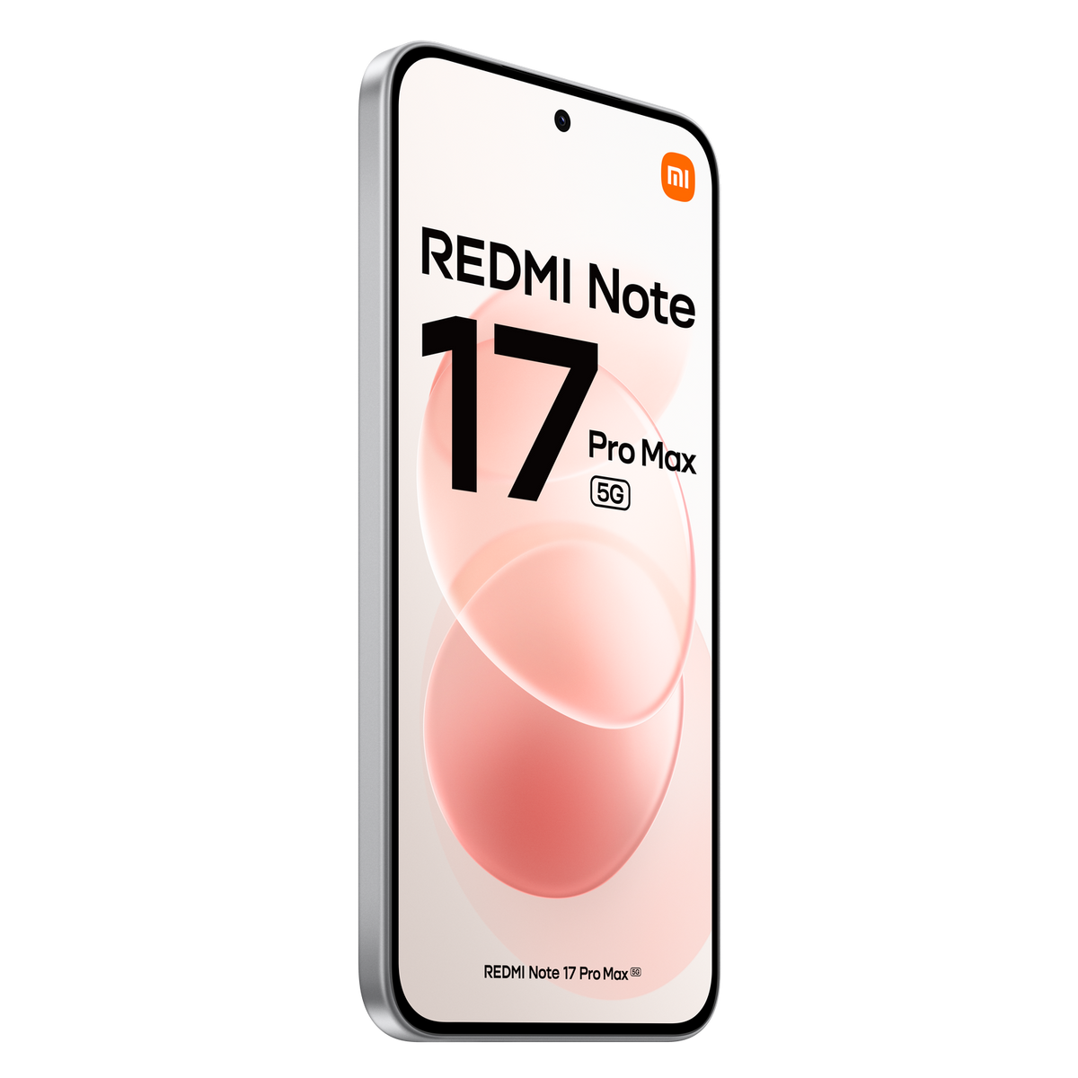 Ein weißes Redmi Note 17 Pro Max 5G Smartphone auf schwarzem Hintergrund mit rotem Kreisdesign auf dem Bildschirm.