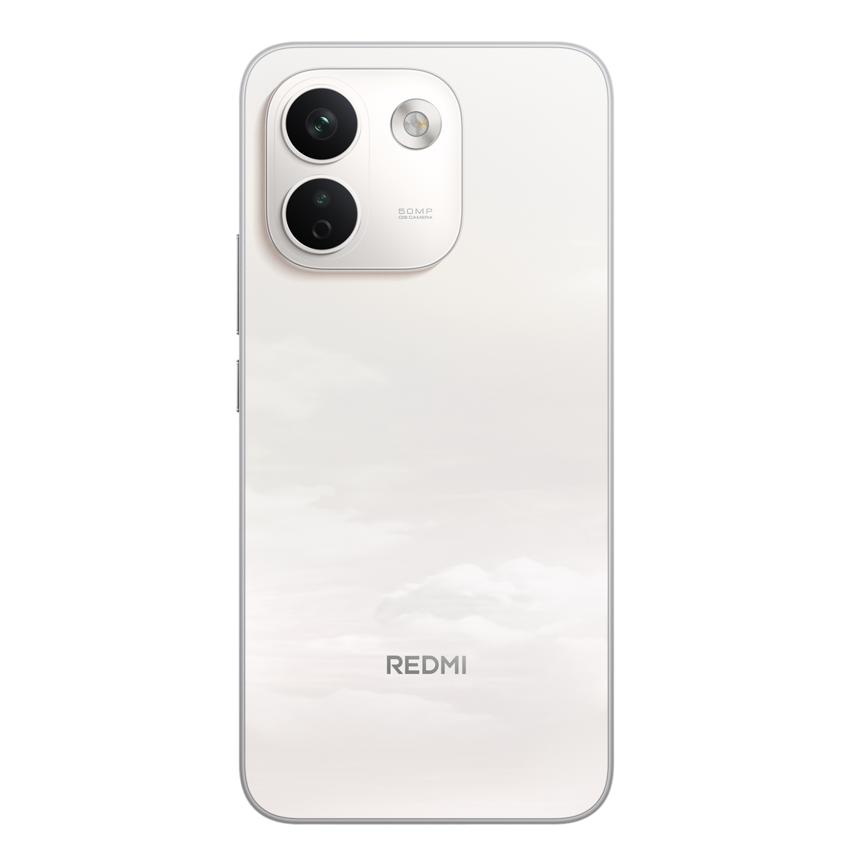 Die Rückseite eines weißen Redmi-Smartphones mit zwei vertikalen Kameras oben links und dem Redmi-Logo unten.