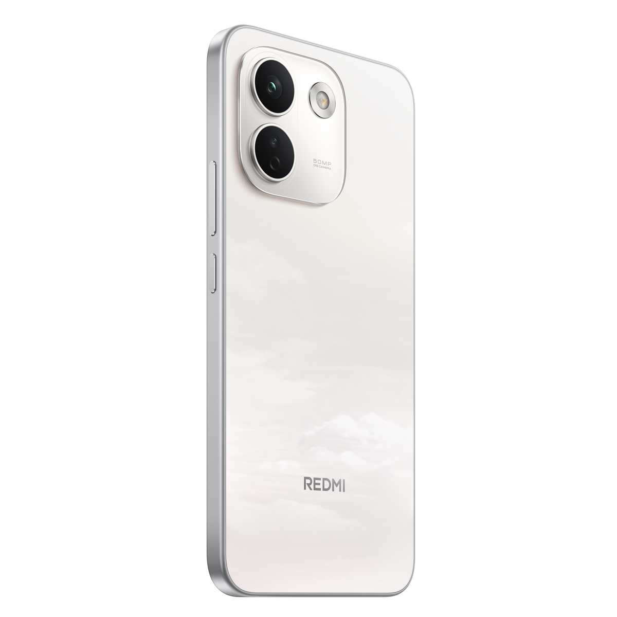 Die Rückseite eines weißen Redmi-Smartphones mit Dual-Kamera und Blitz, schräg auf schwarzem Hintergrund.