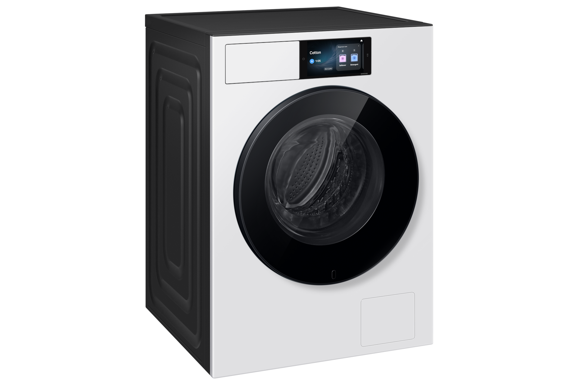 Moderne weiß-schwarze Waschmaschine mit digitalem Display und Bullauge vor schwarzem Hintergrund.
