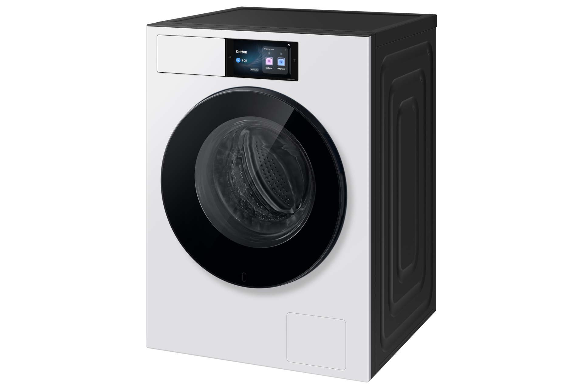 Moderne weiß-schwarze Waschmaschine mit digitalem Display und Bullauge vor schwarzem Hintergrund.