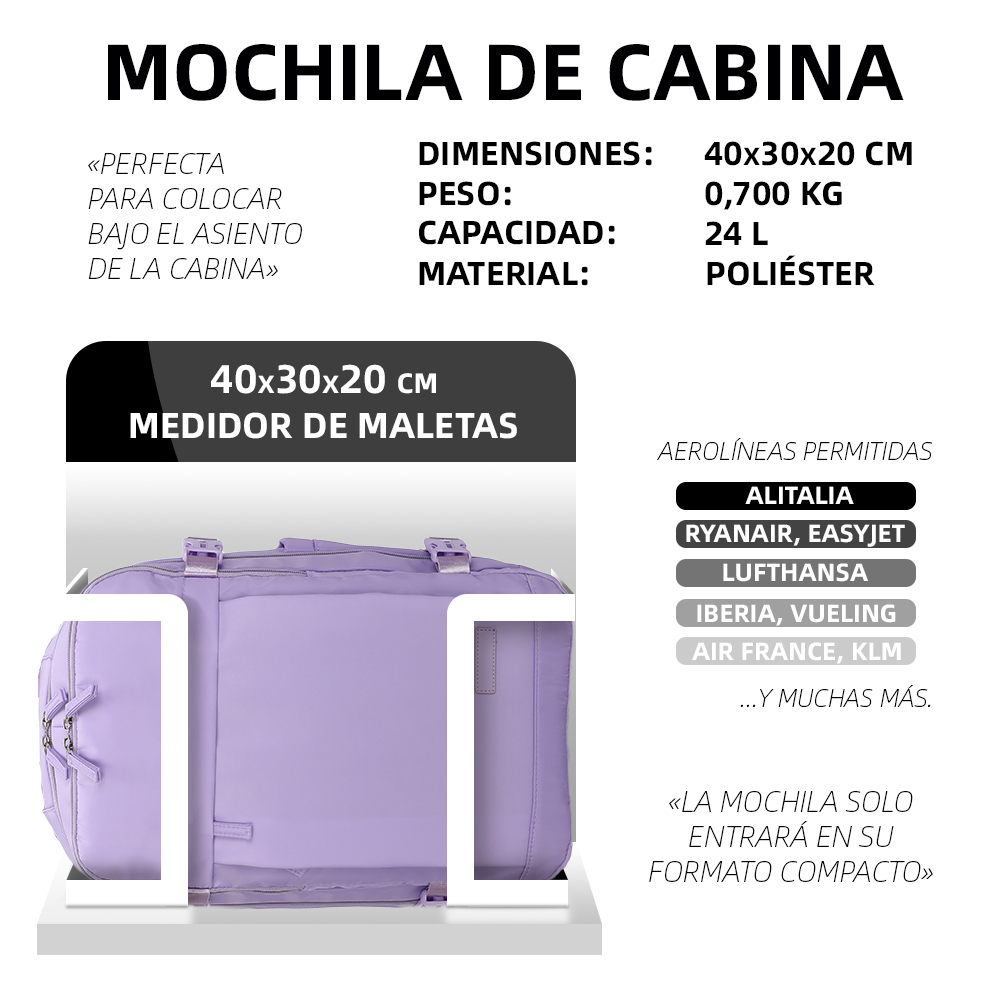 Mochila de cabina morada, 40x30x20 cm, 0,7 kg, 24 L, poliéster, apta para varias aerolíneas.
