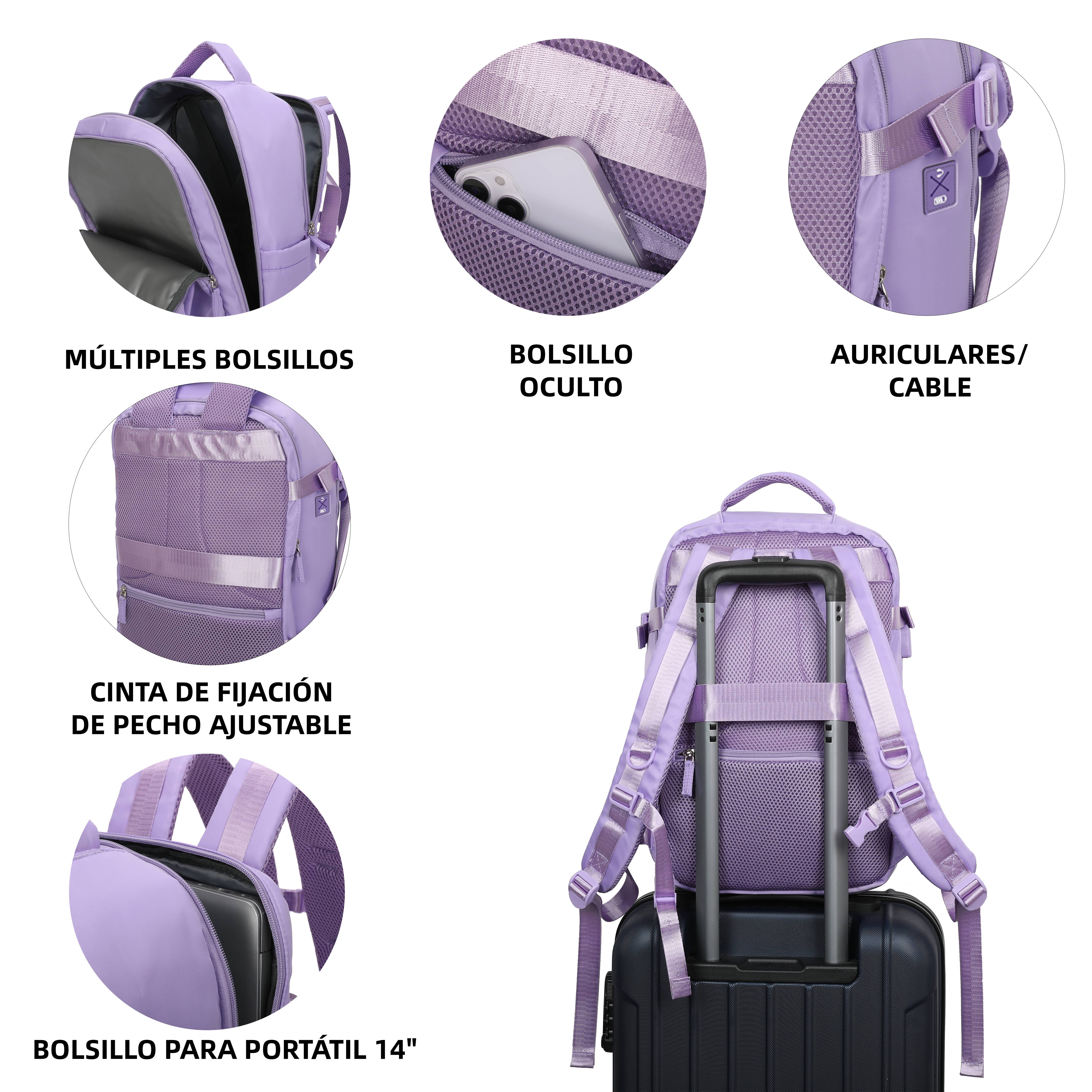 Mochila morada con detalles de compartimentos, bolsillo para móvil, puerto para auriculares, funda para portátil y correa.