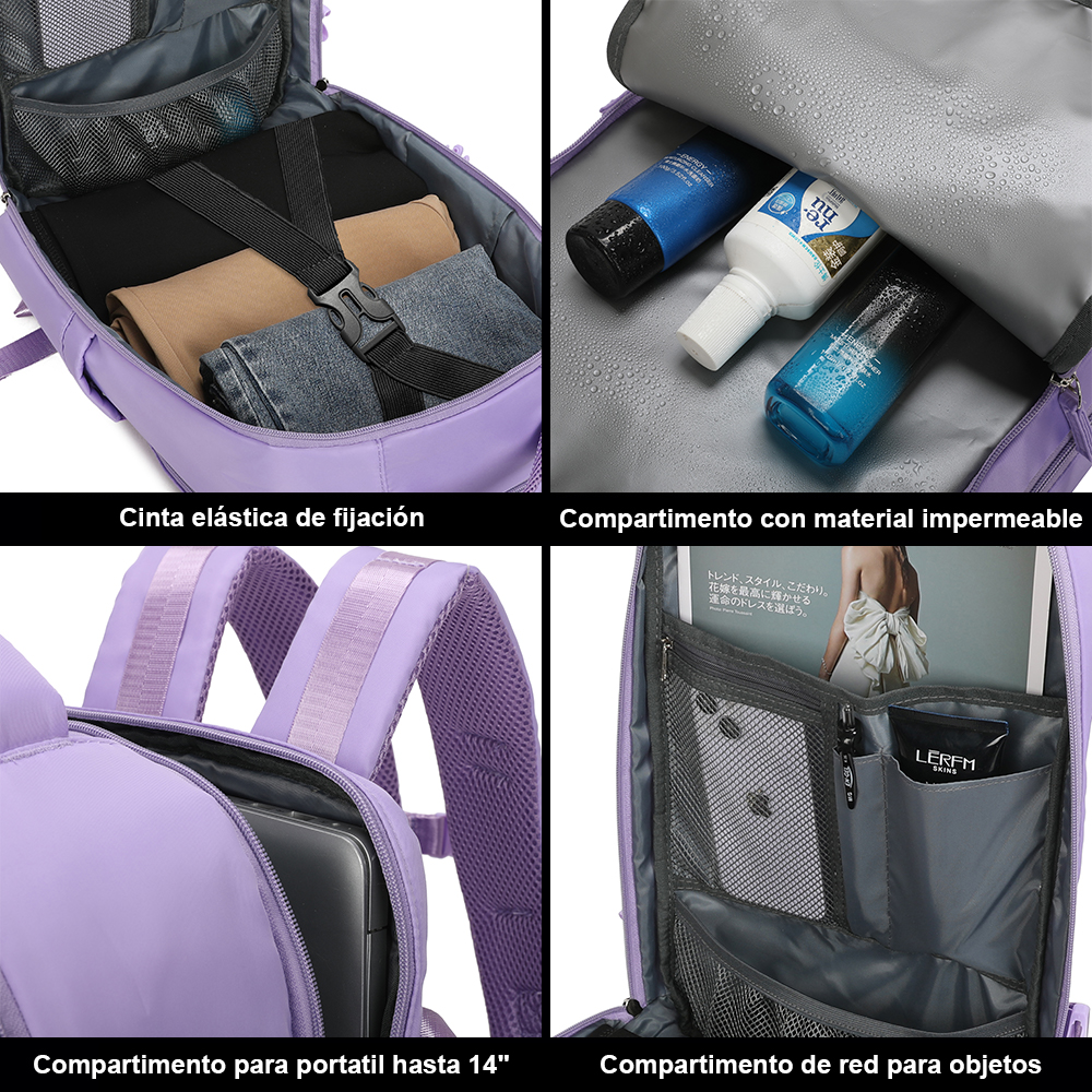 Cuatro imágenes muestran características de una mochila morada: correas, compartimento impermeable, funda y bolsillos.