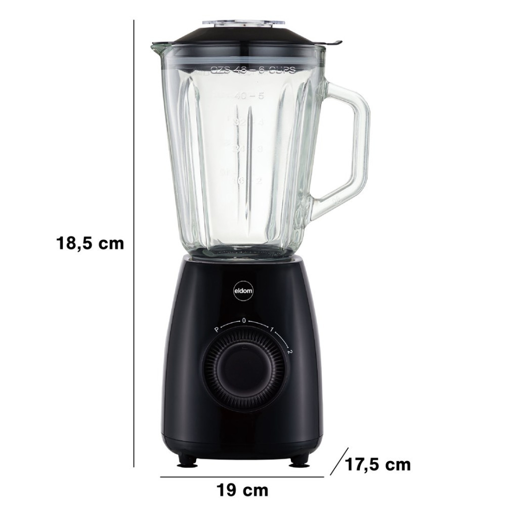 Czarny blender stojący ze szklanym dzbankiem i wymiarami.