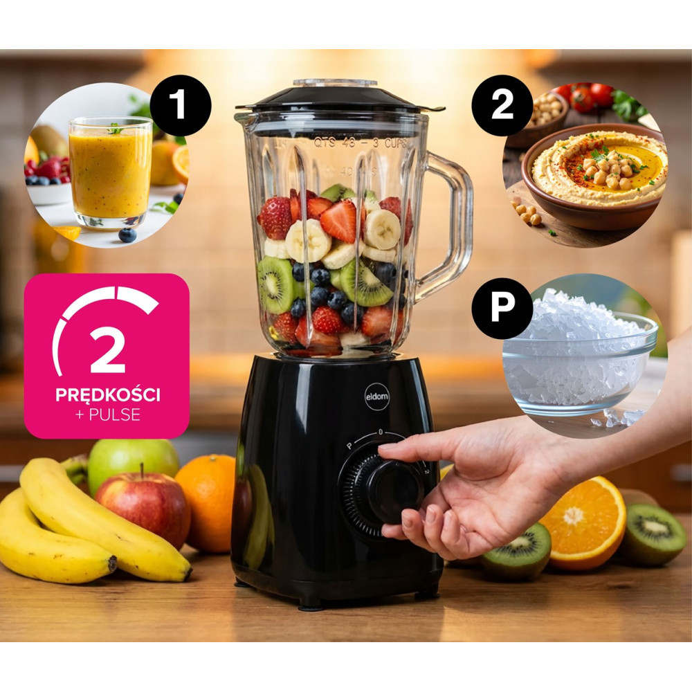 Czarny blender na stole z owocami oraz kółka pokazujące smoothie, hummus i lód.