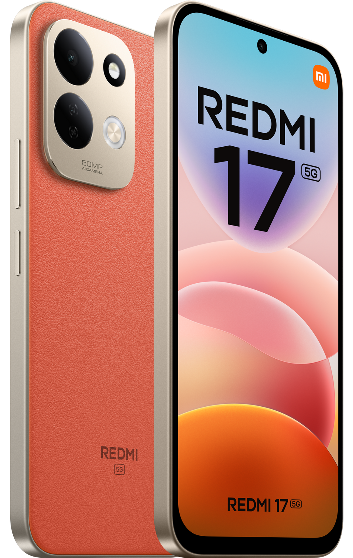 Vista anteriore e posteriore dello smartphone rosso Xiaomi Redmi 17 5G con fotocamera.