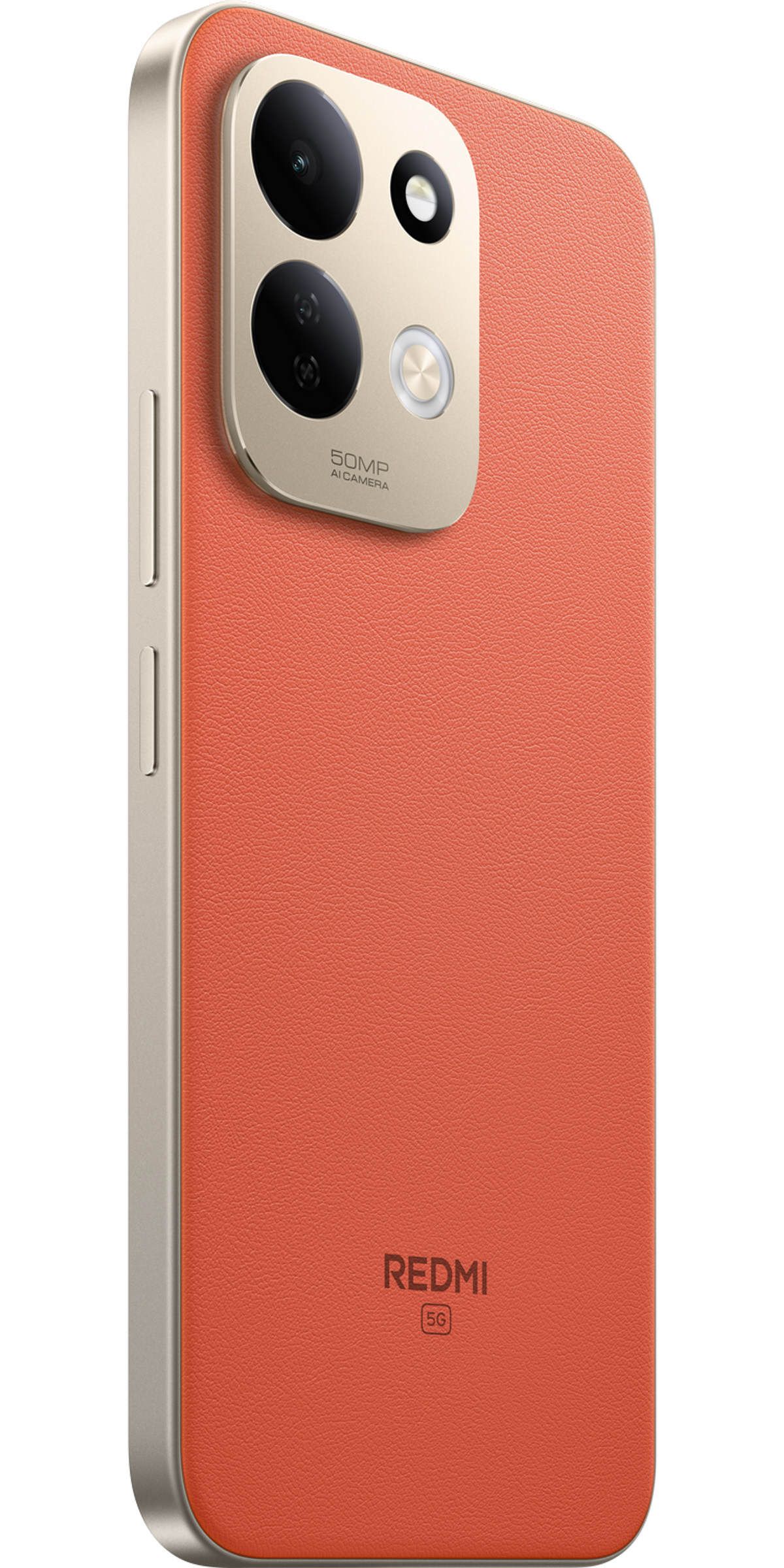 Retro di uno smartphone Redmi 5G arancione con texture in pelle e due obiettivi fotografici in un modulo dorato.