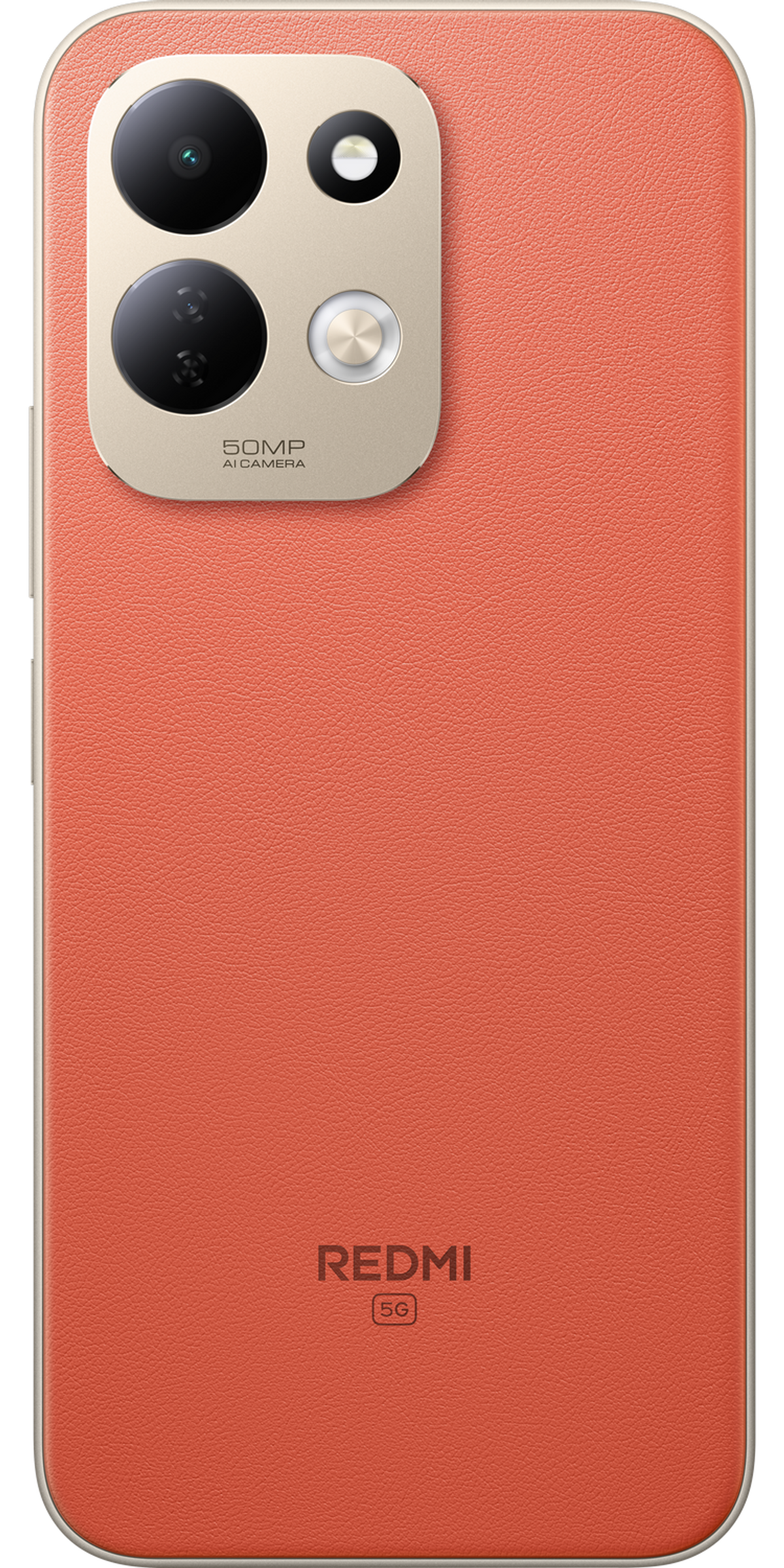 Retro di uno smartphone Redmi 5G arancione con texture in pelle, modulo fotocamera quadrato in alto e logo Redmi.