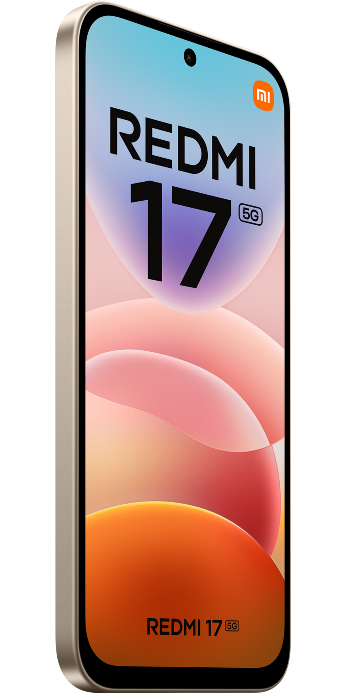 Uno smartphone dorato mostra REDMI 17 5G sul suo schermo colorato su sfondo nero.
