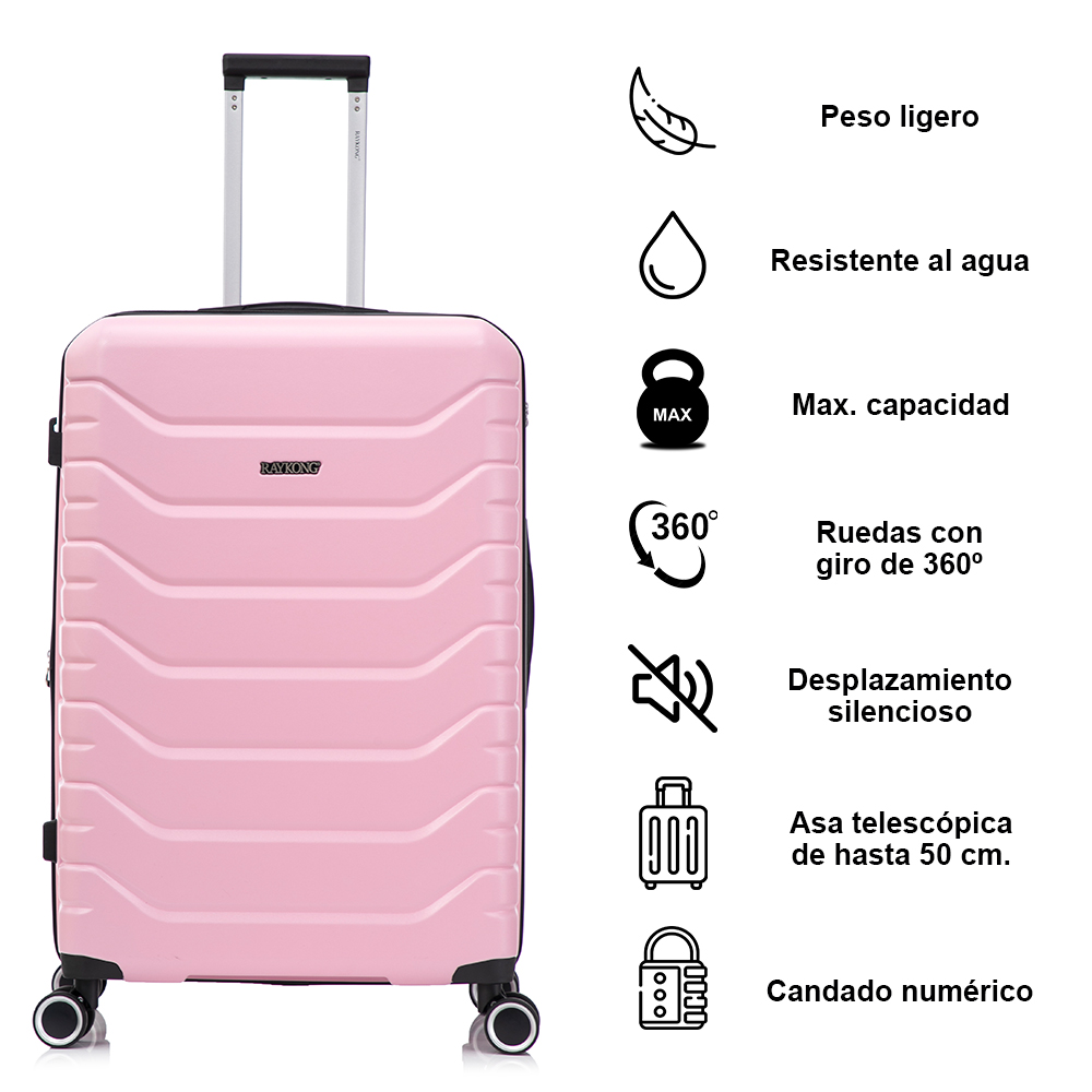 Una maleta rígida rosa con asa telescópica, cuatro ruedas e iconos de características a la derecha.