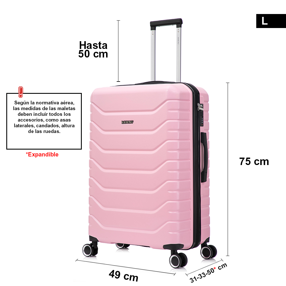 Maleta rígida rosa con ruedas, asa telescópica y medidas indicadas.