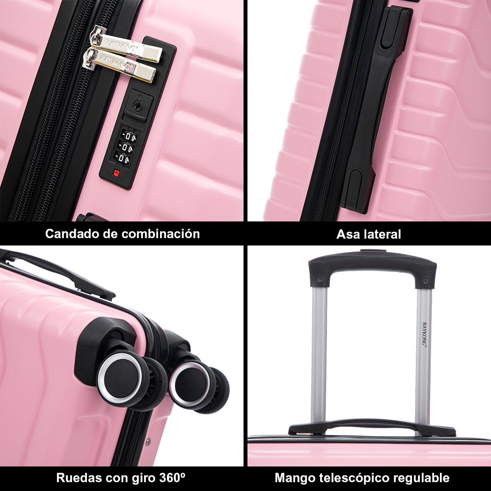 Cuatro imágenes muestran detalles de una maleta rosa: cerradura de combinación, asa lateral, ruedas y mango telescópico.
