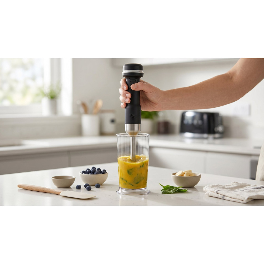 Ręka używa czarnego blendera ręcznego w szklance żółtego smoothie na blacie kuchennym.