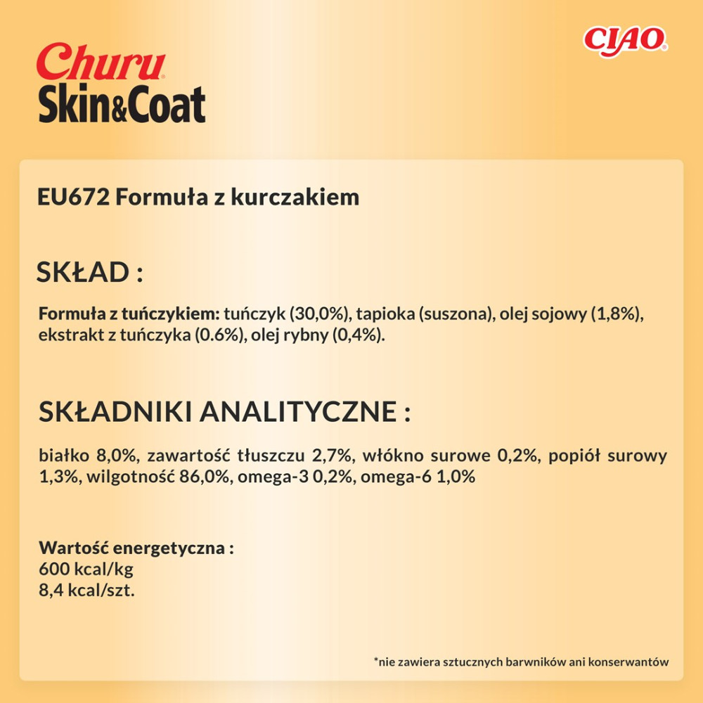 Informacje o produkcie Churu Skin&Coat: skład, składniki analityczne i kaloryczność.