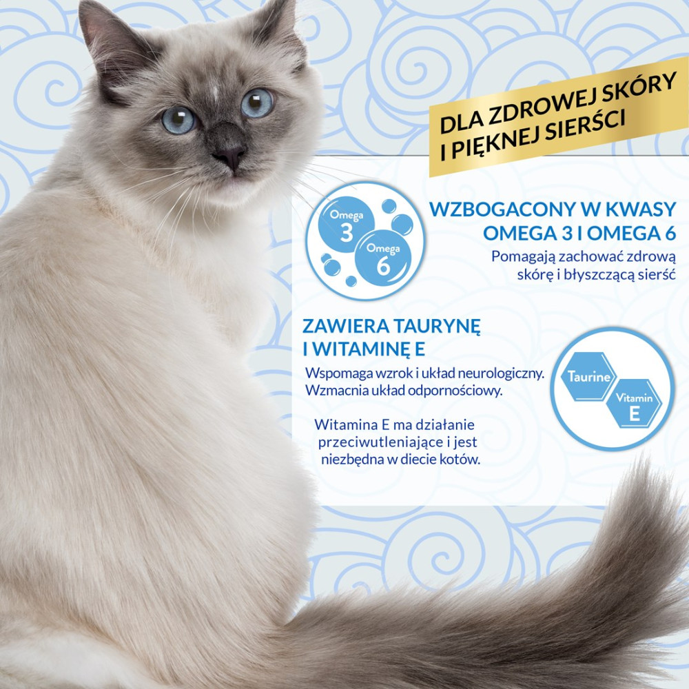 Biały kot z niebieskimi oczami na niebieskim tle z polskim tekstem i ikonami omega-3.