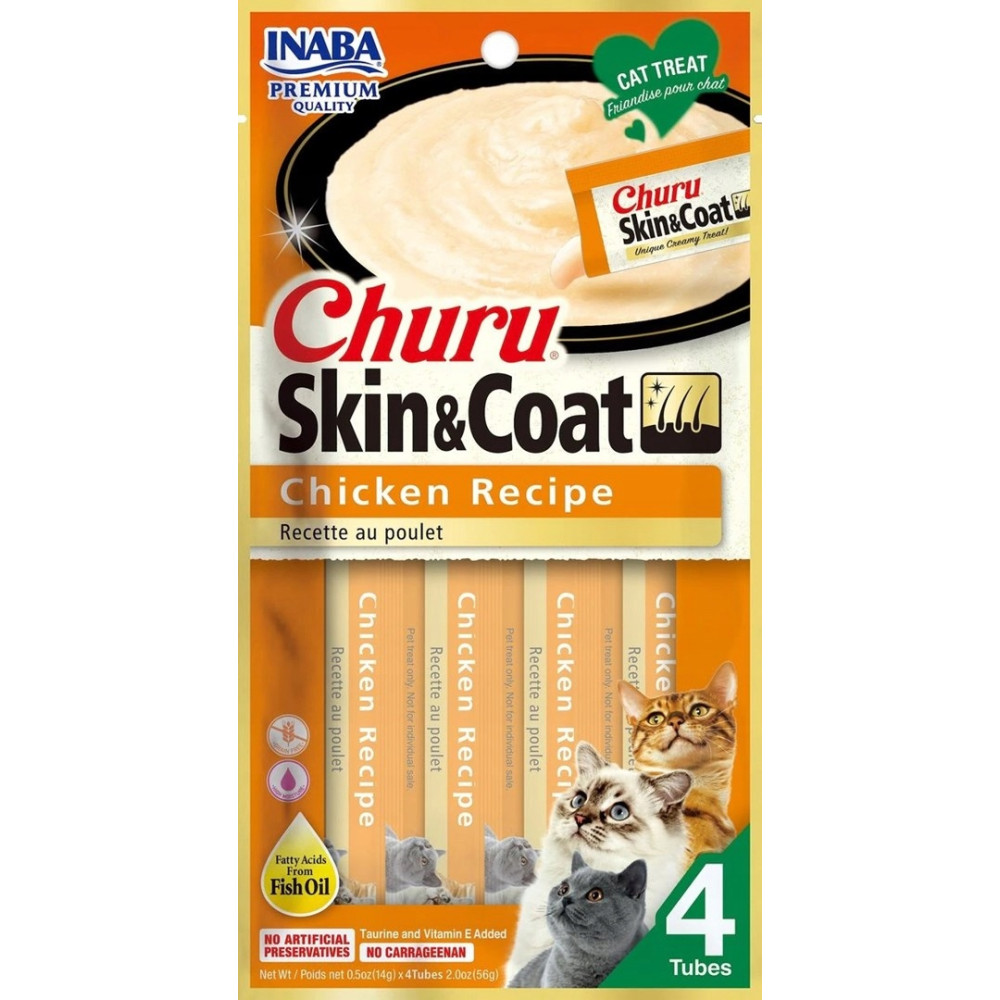 Opakowanie przysmaków dla kotów Inaba Churu Skin & Coat z kurczakiem, z czterema tubkami i zdjęciami kotów.