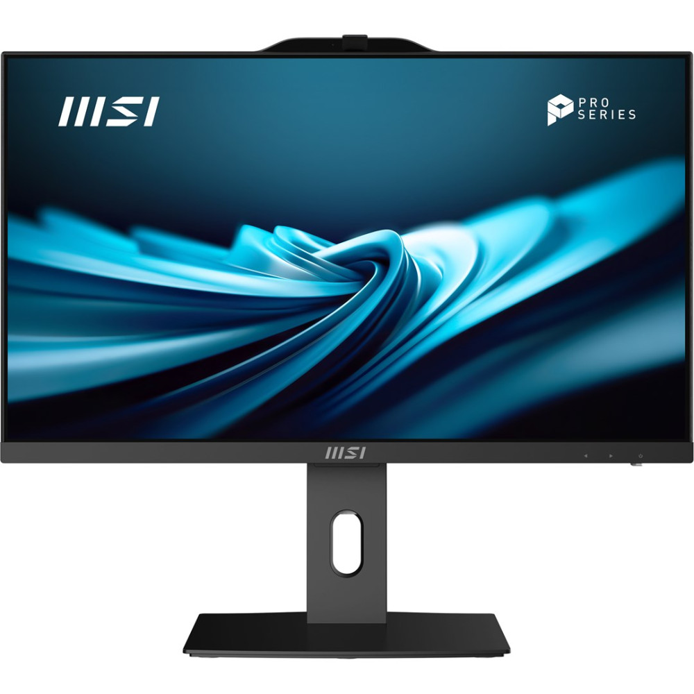 Monitor MSI Pro Series wyświetla abstrakcyjną niebieską tapetę z falą na czarnej podstawie.