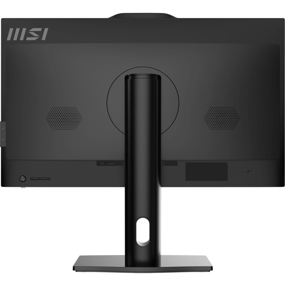 Tył czarnego monitora MSI z okrągłą podstawą i portami.